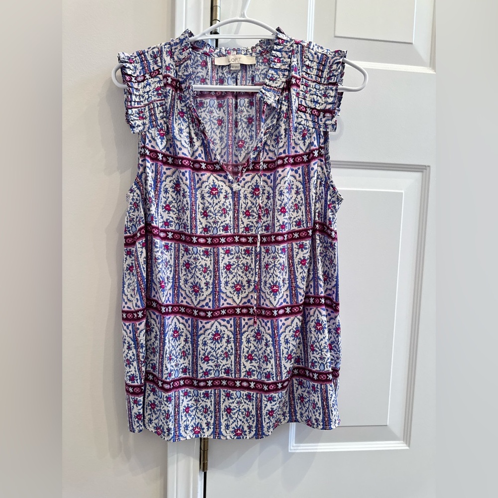 LOFT - Multicolor Patterned Ruffle Blouse (medium)